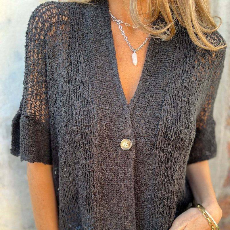 Women's Solid Color Knit Top with One Button