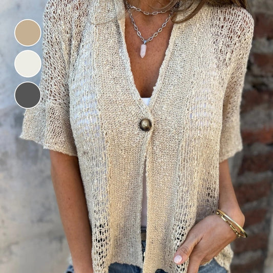 Women's Solid Color Knit Top with One Button