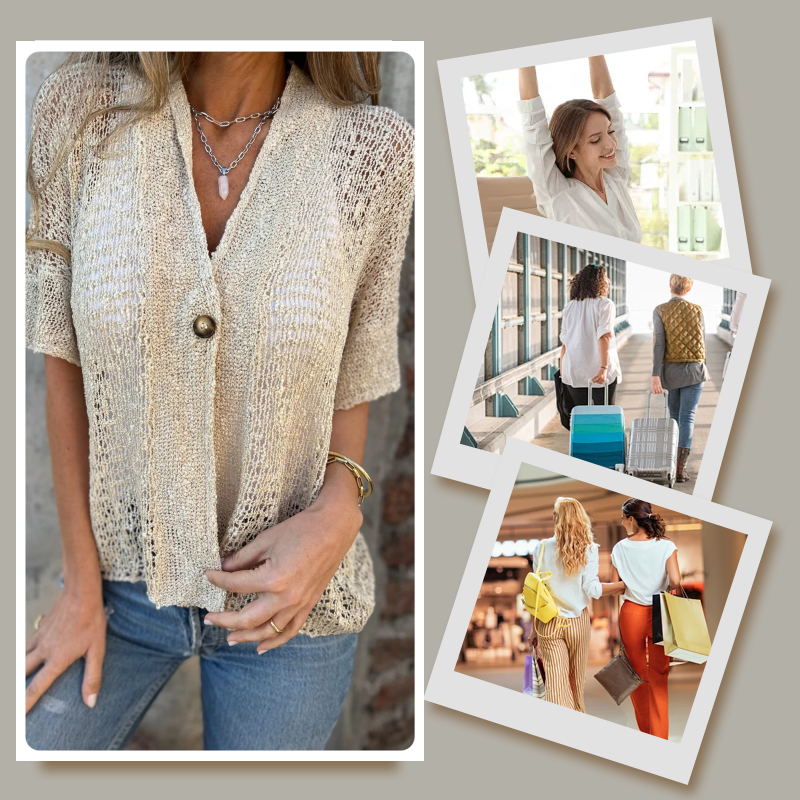 Women's Solid Color Knit Top with One Button