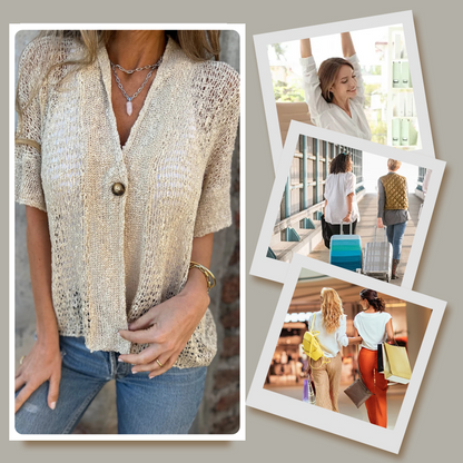 Women's Solid Color Knit Top with One Button